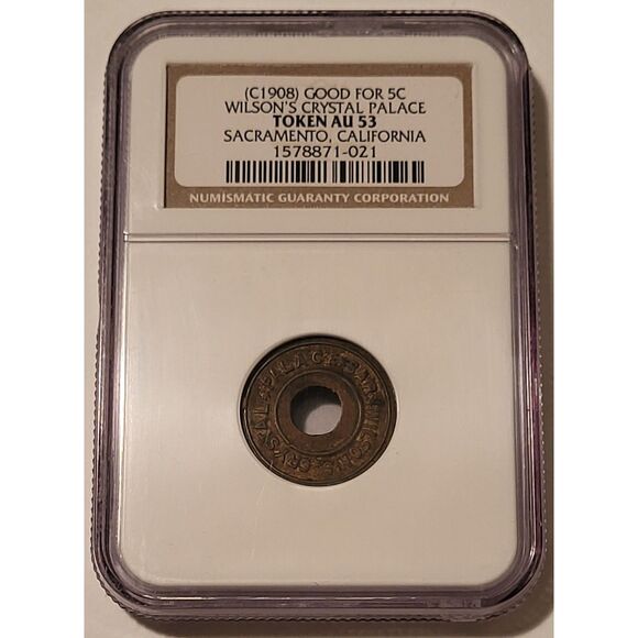 Sacramento CA c 1908 Good For 5 Cents Merchant Trade Token AU53 NGC - Picture 1 of 4